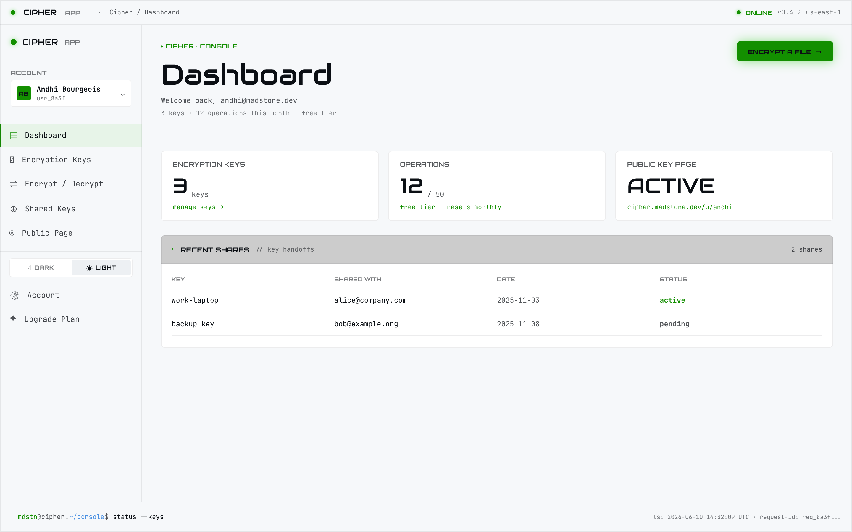 Dashboard with key count, public page status, and recent shares