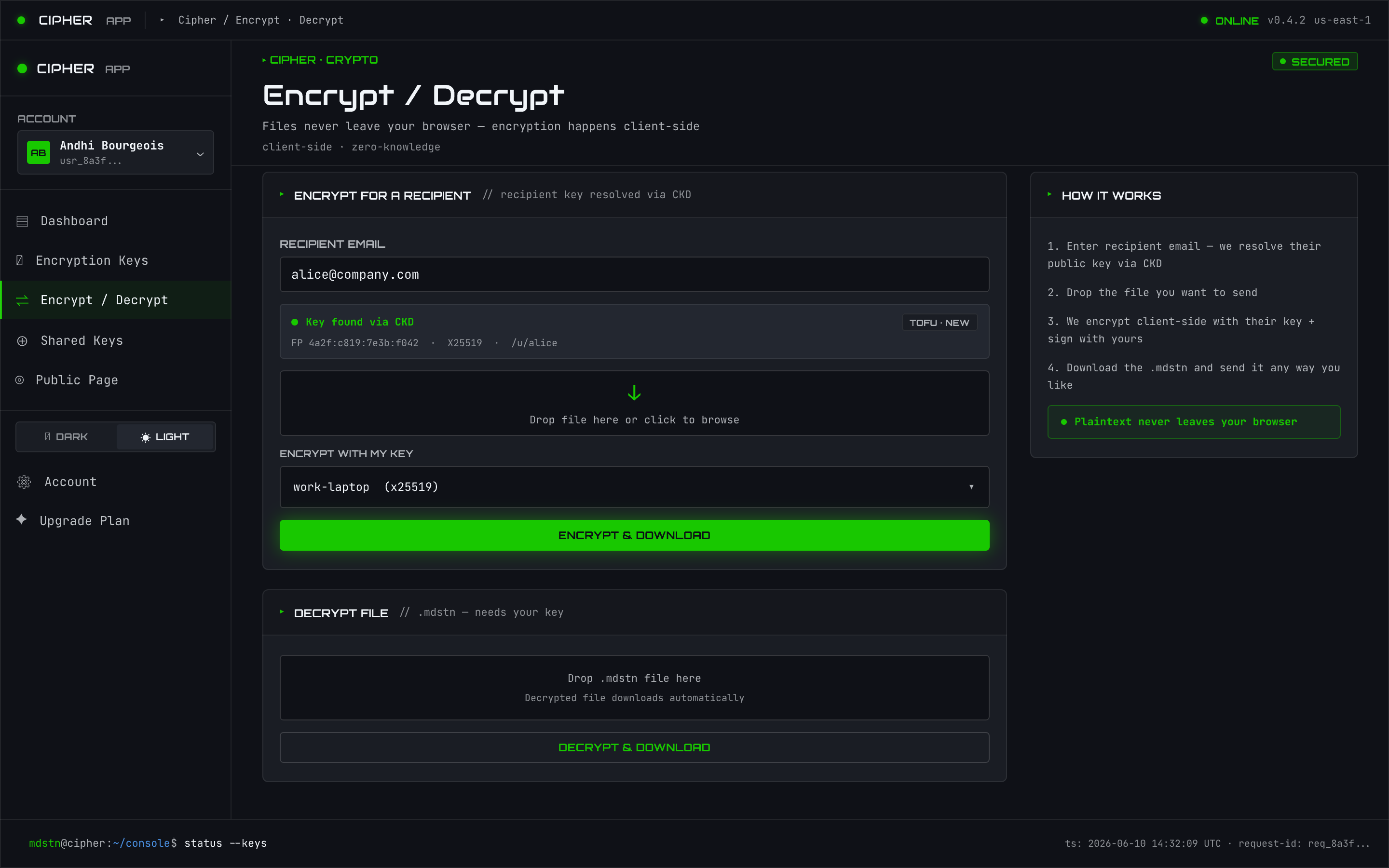 Encrypt and decrypt panel in the web interface