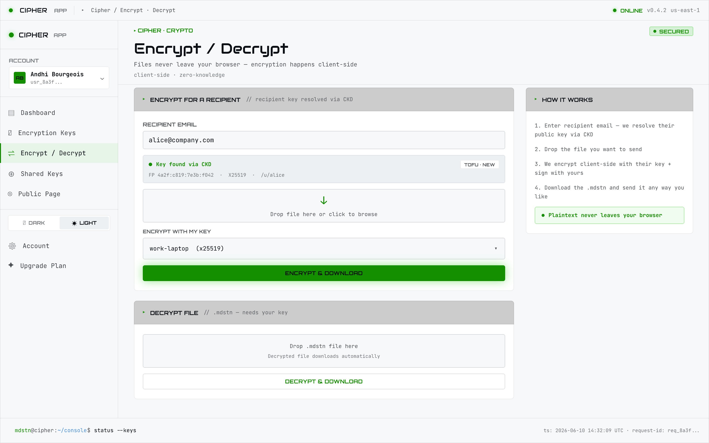 Encrypt and decrypt panel in the web interface