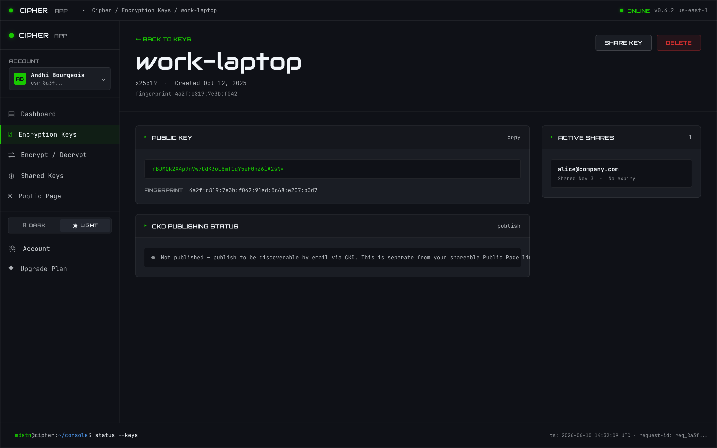 Key detail view with public key and actions