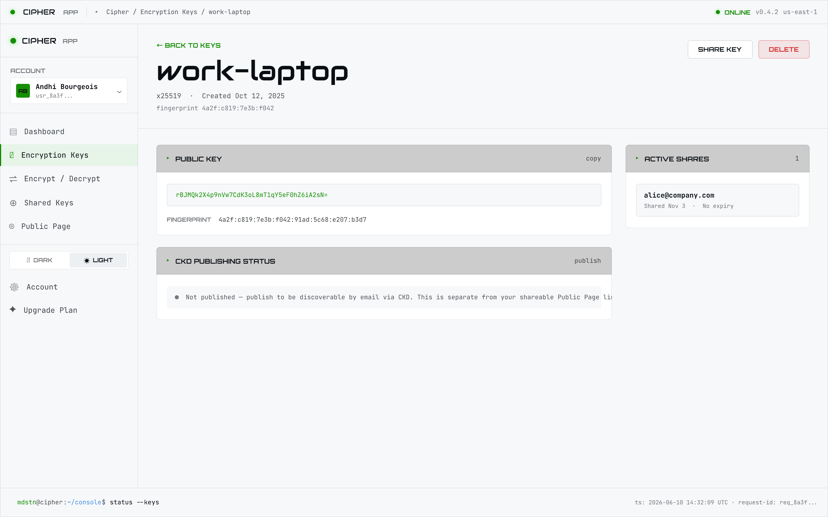 Key detail view with public key and actions