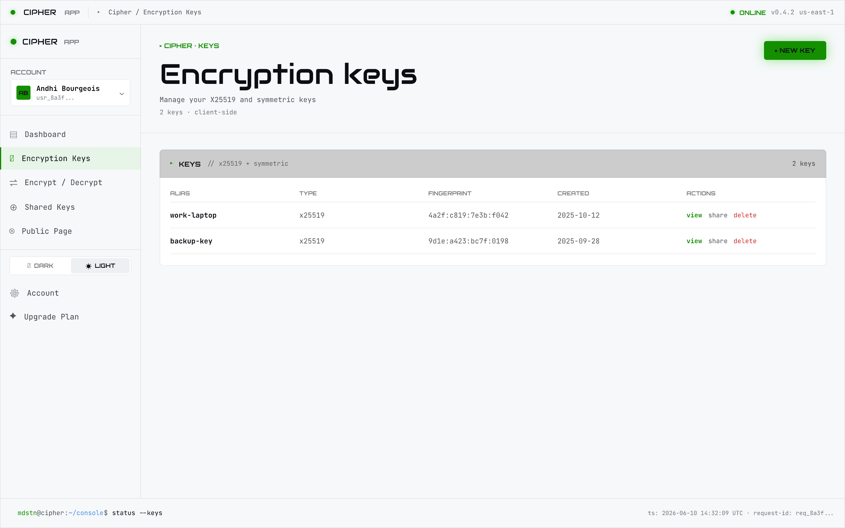 Encryption keys list