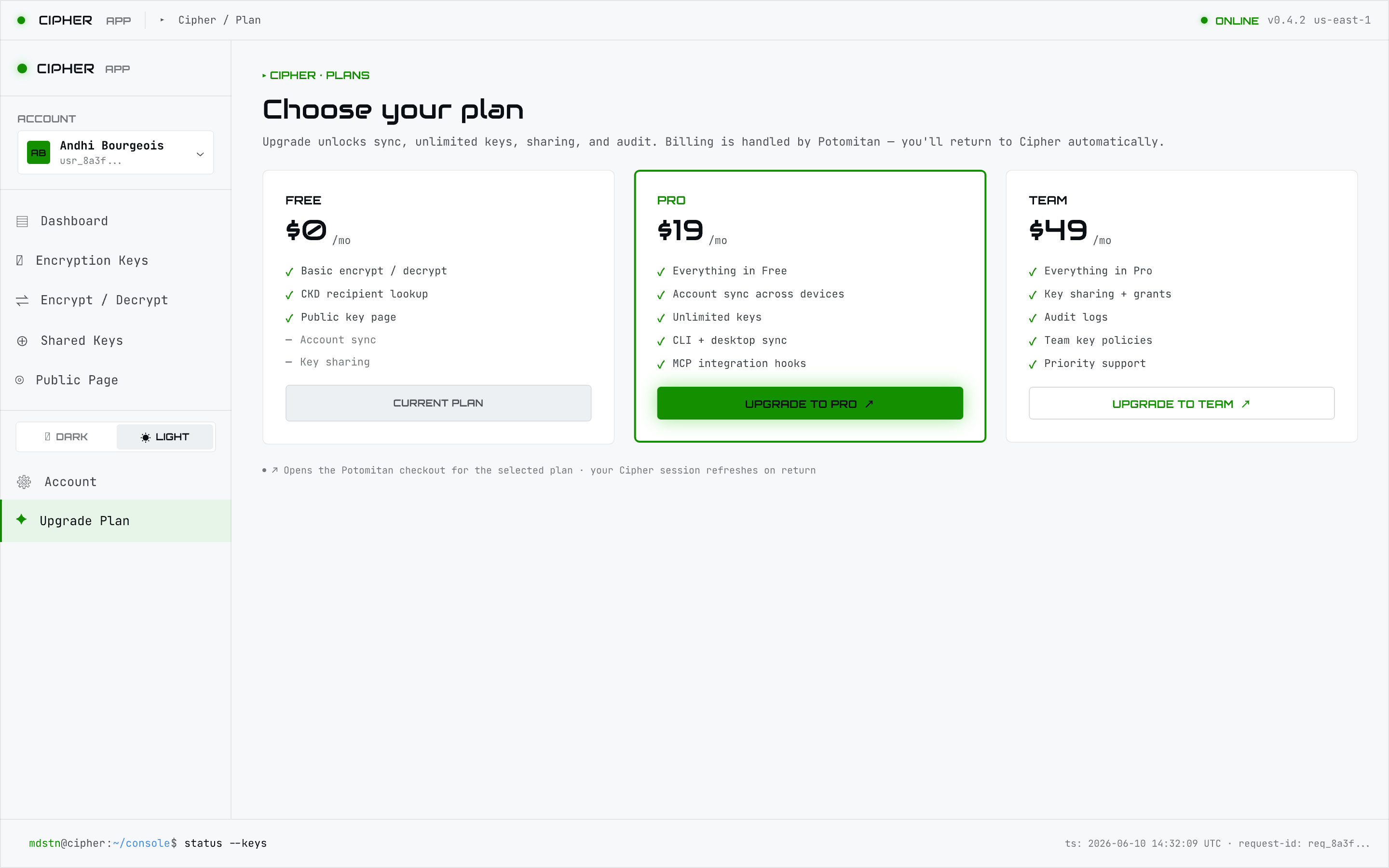 Plan upgrade screen showing the tier ladder