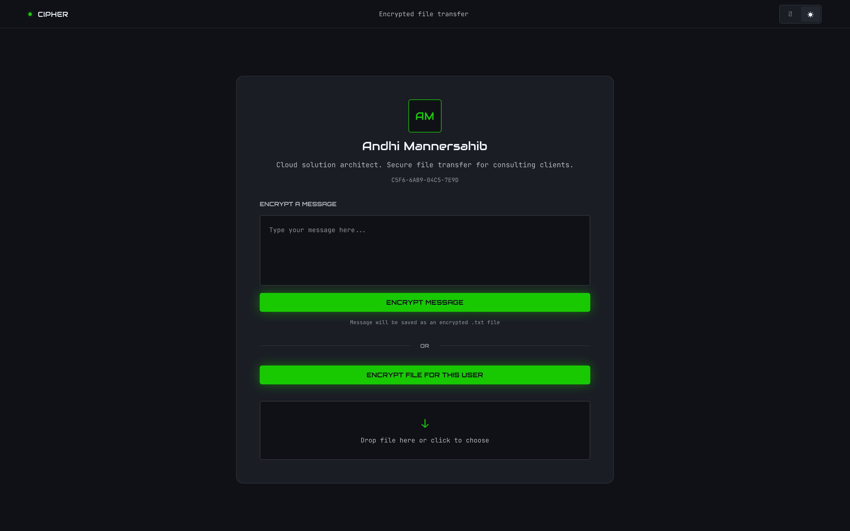 Public key page as seen by a visitor, with in-browser encryption