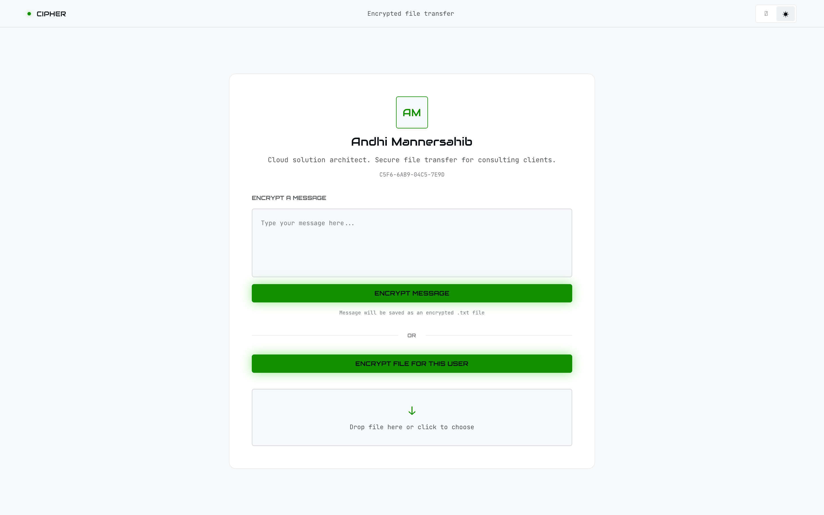 Public key page as seen by a visitor, with in-browser encryption