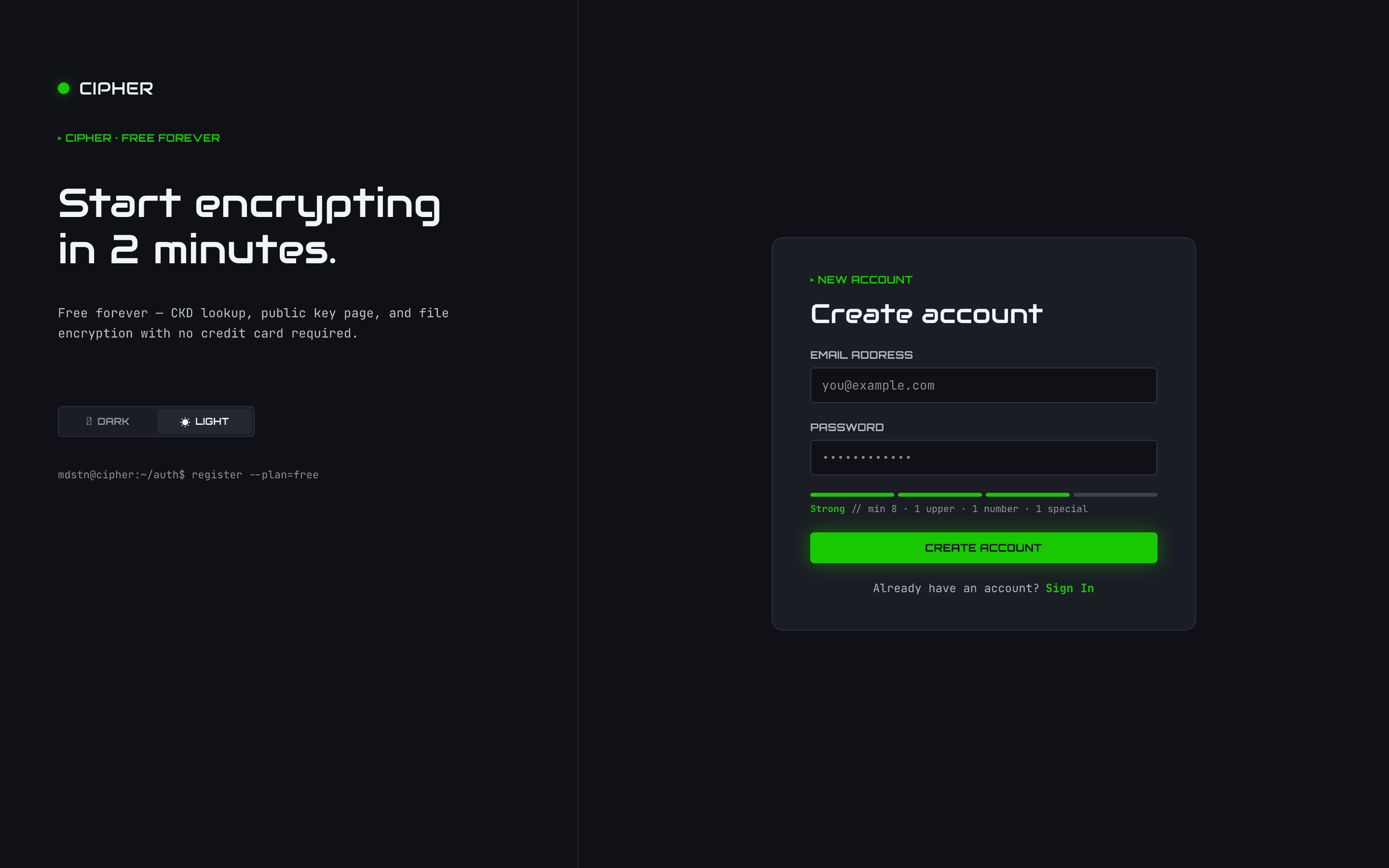 Register screen showing the free tier