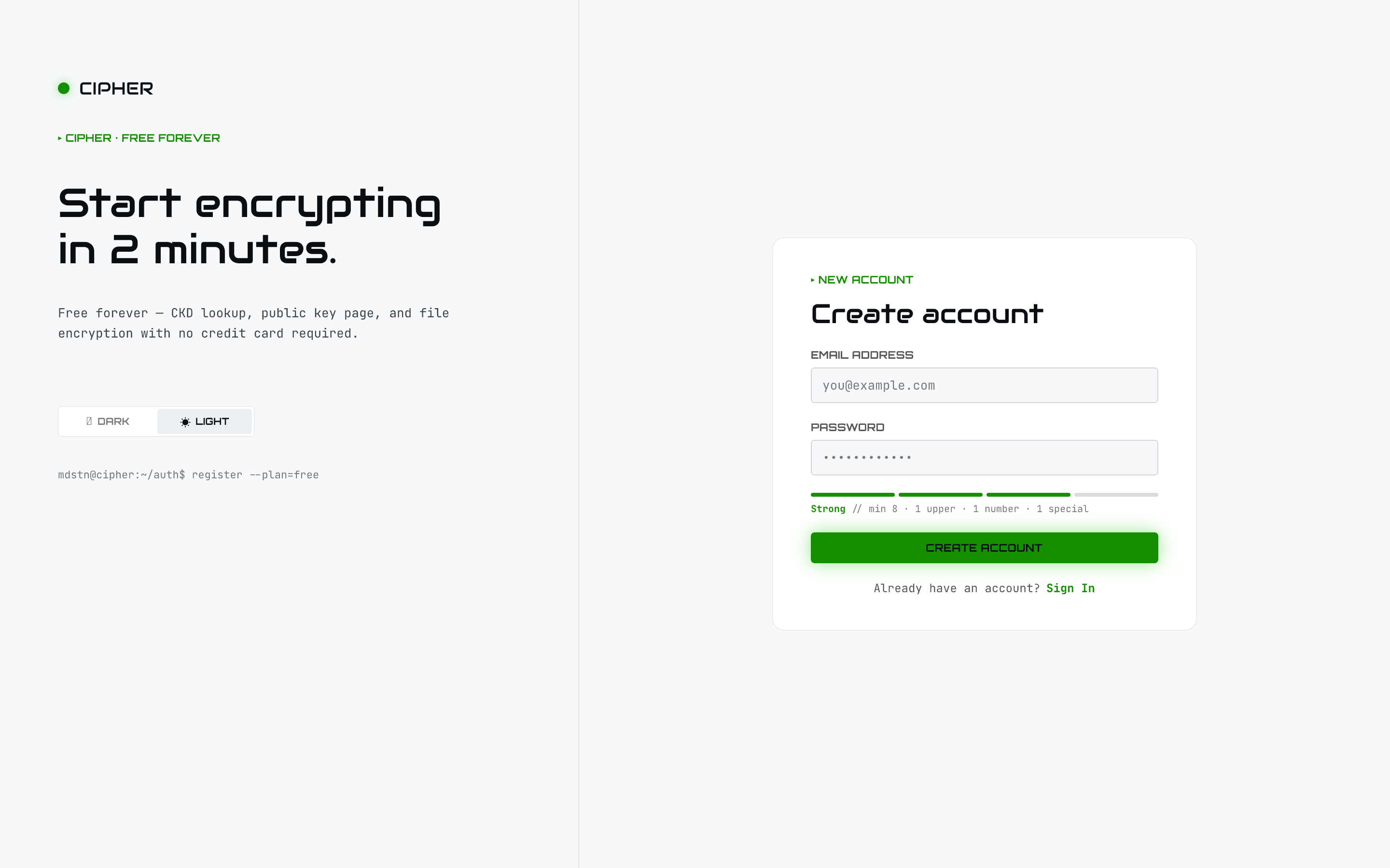 Register screen showing the free tier