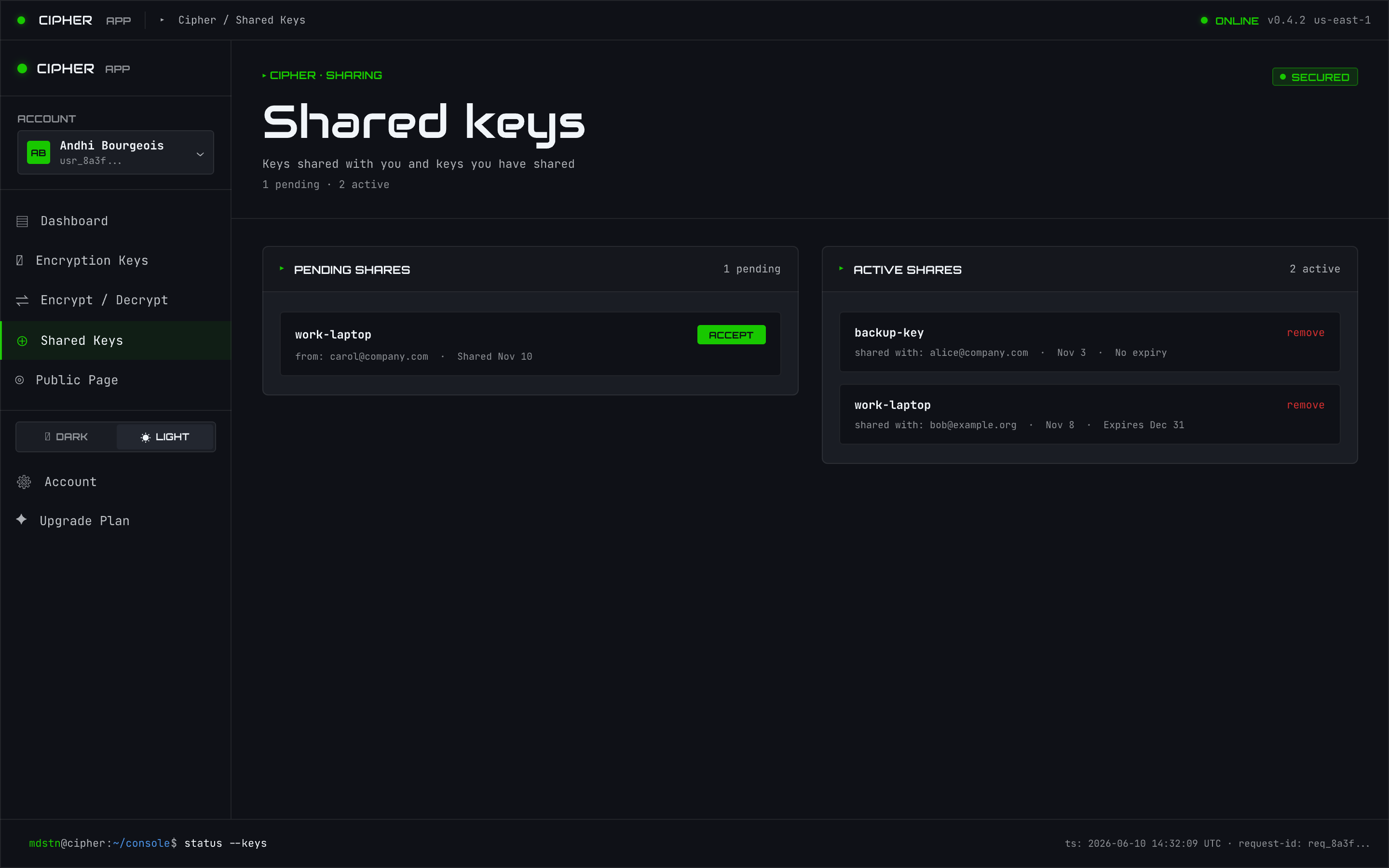 Shared keys — owned policies and received grants