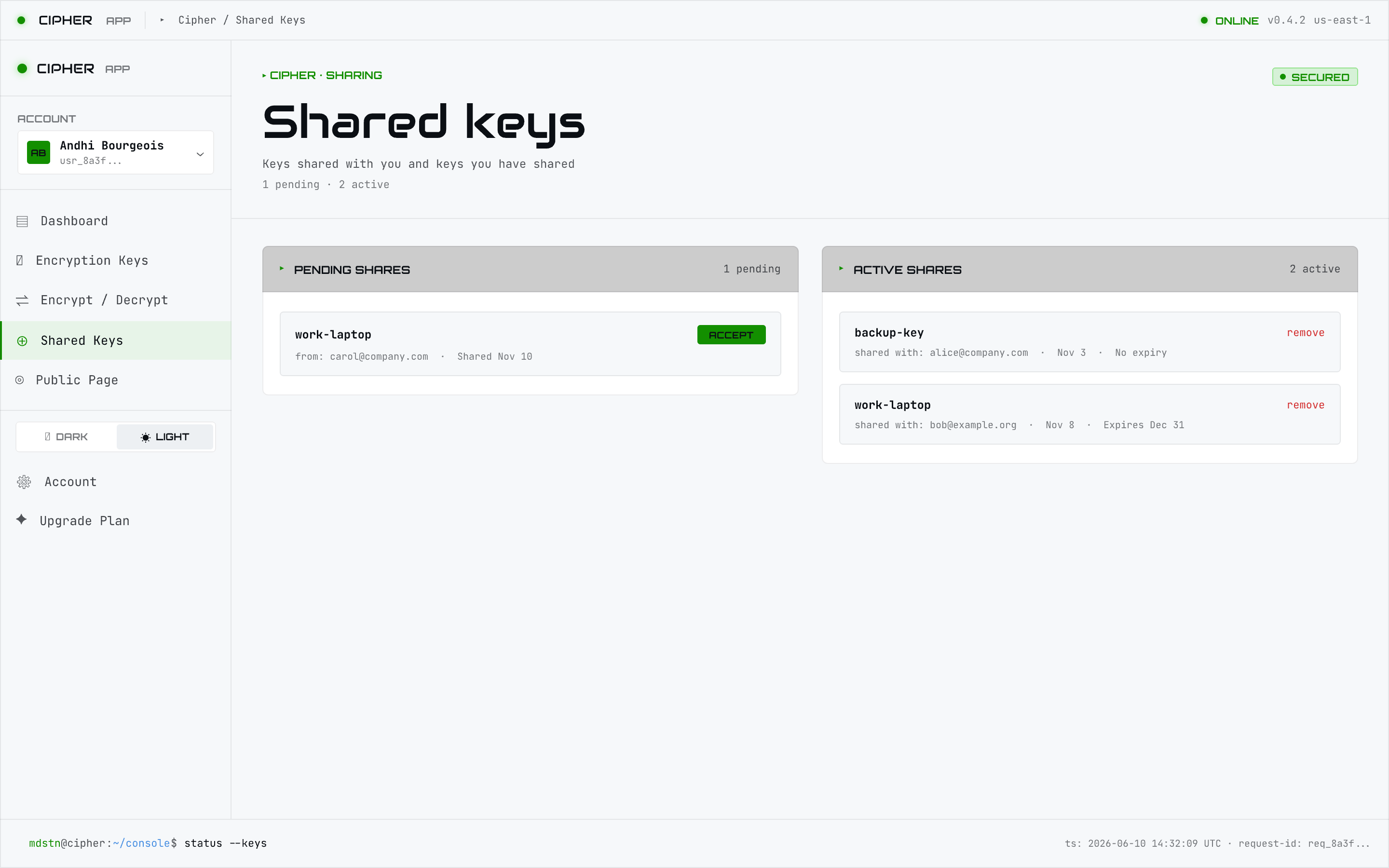 Shared keys — owned policies and received grants